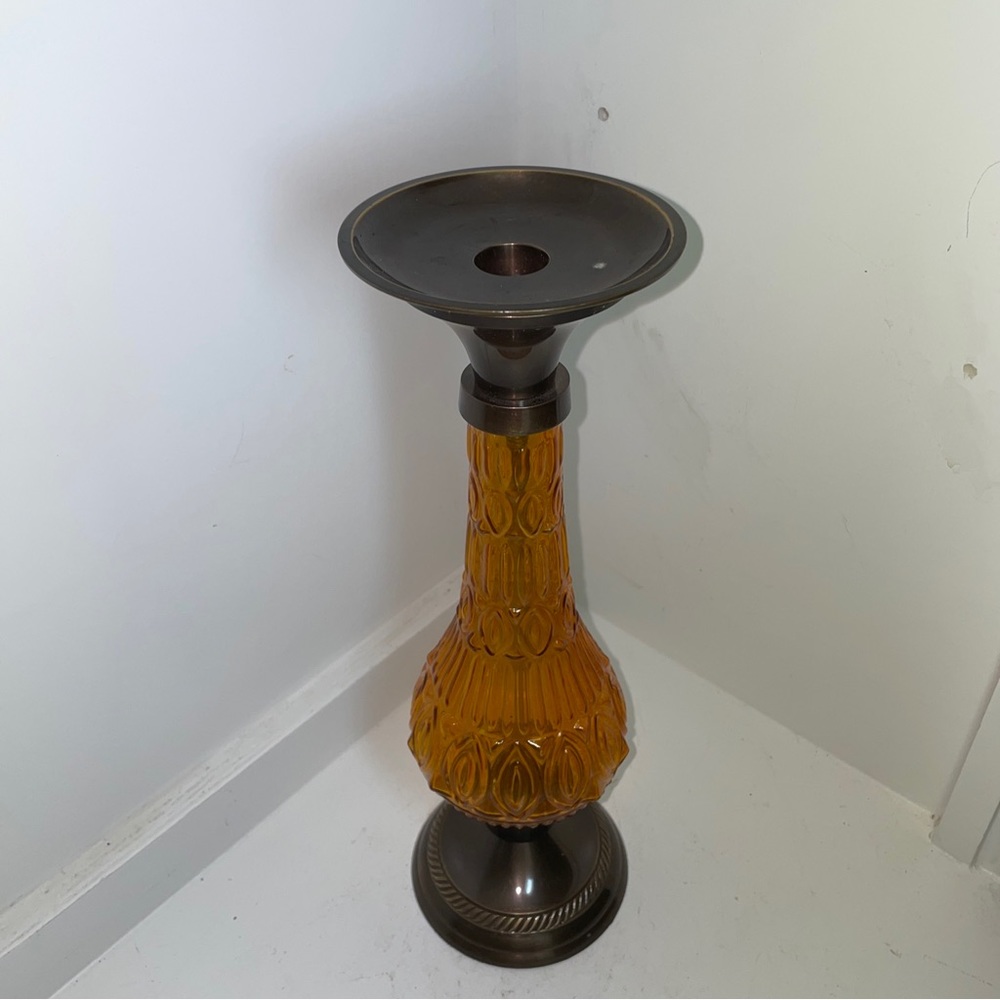 Baroque Vintage Candle Holder Brass Color and Amber Lucite Candlestick 13” Tall
